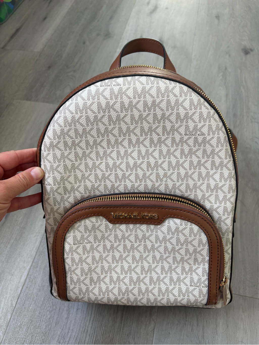 Michael Kors Vanilla And Tan Monogram Mini Backpack